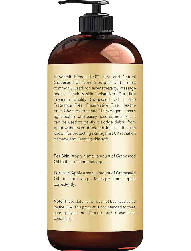 Handcraft Blends Grapeseed Oil - Cold-Pressed 16 Fl Oz - 100% Pure and Natural - Premium Grade Carrier Oil for Skin and Hair - Hair and Body - Massage - Hexane-Free