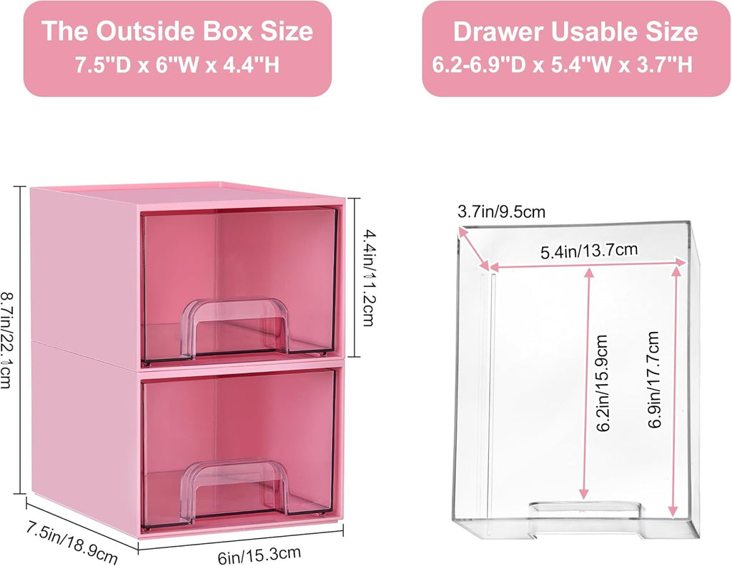 Vtopmart 4Pack Stackable Storage Drawers, 4.4'' Tall Bathroom Makeup Organizer,Plastic Storage Bins For Vanity, Undersink, Kitchen Cabinet, Pantry, Home Organization(Pink)