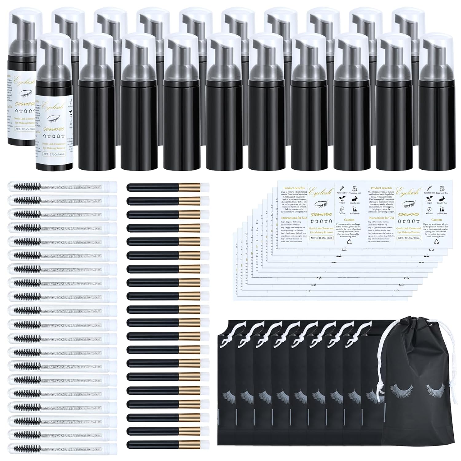100 Pcs Lash Shampoo Bottle Brushes Set 20 Empty Foam Pump Dispensers 20 Label Stickers 20 Mascara Wands and Tubes 20 Cleansing Brush 20 Bag for Eyelash Extensions Aftercare(Black)