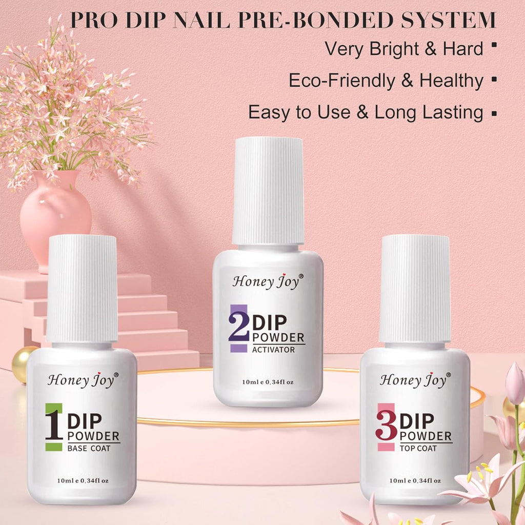 Honey Joy Dip Powder Nail Kit Starter,4 Colors Gentle Nude Brown Pink Neutral Skin Dipping Powder Liquid Set with Base Top Coat for Nail Art Manicure Salon DIY No LED Nail Lamp Needed，Dip-7pcs-07