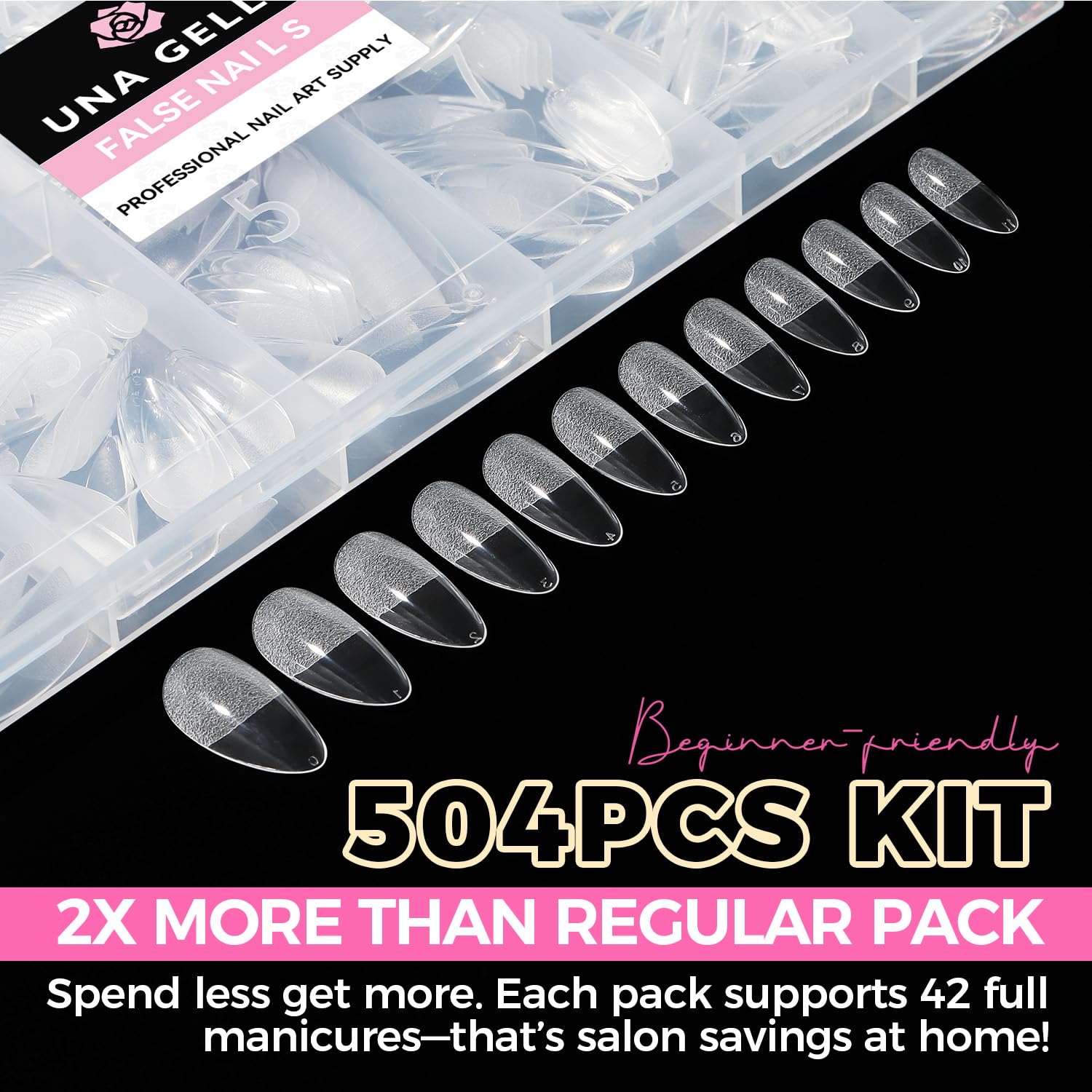 UNA GELLA Almond Gel Nail Tips, 504PCS Pre Etched Clear Fake Nails Tips Medium Almond Shape - 12 Sizes Full Cover Soft Acrylic Press On Nail Extensions No C Curve Gift for Diy at Home