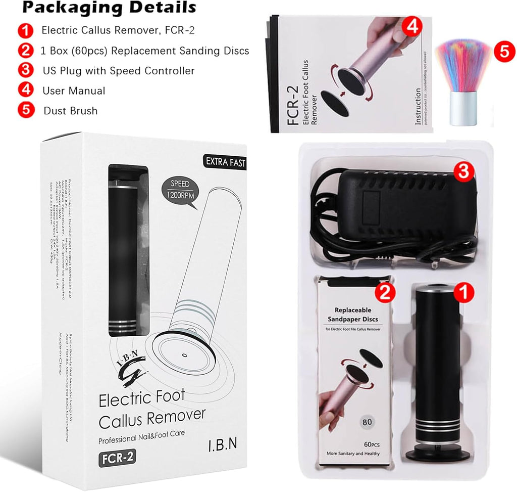 Upgraded Electric Callus Remover for Feet 1200RPM, Adjustable Speed Professional Electric Foot Sander Foot Grinder Heel File Pedicure Tool for Women Men Cracked Dead Skin, 60 Sandpaper Discs, Black