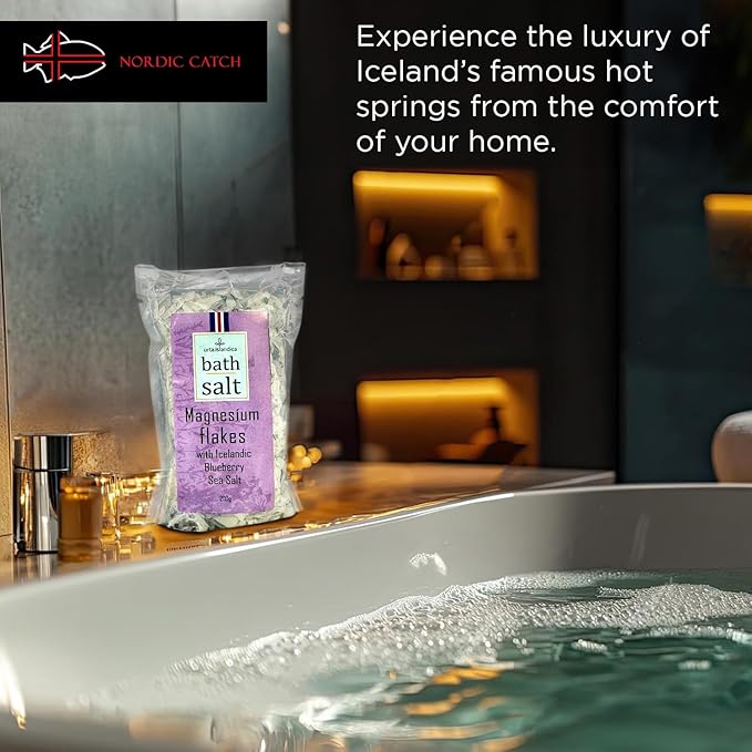 Magnesium Bath Salts Icelandic Blueberry Sea Salt 200g - Luxury Alternative to Epsom Salt Bath Soak, Magnesium Flakes Sitz Baths, Foot Soaks, Magnesium Chloride Relaxing Magnesium Soak