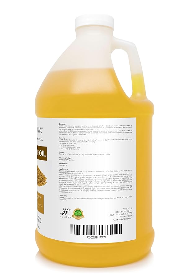 Sesame Seed Oil by Velona - 1 Gallon / 128 Fl Oz | 100% Pure and Natural Carrier Oil | Refined, Expeller Pressed | Cooking, Skin, Hair, Body & Face Moisturizing | Use Today - Enjoy Results