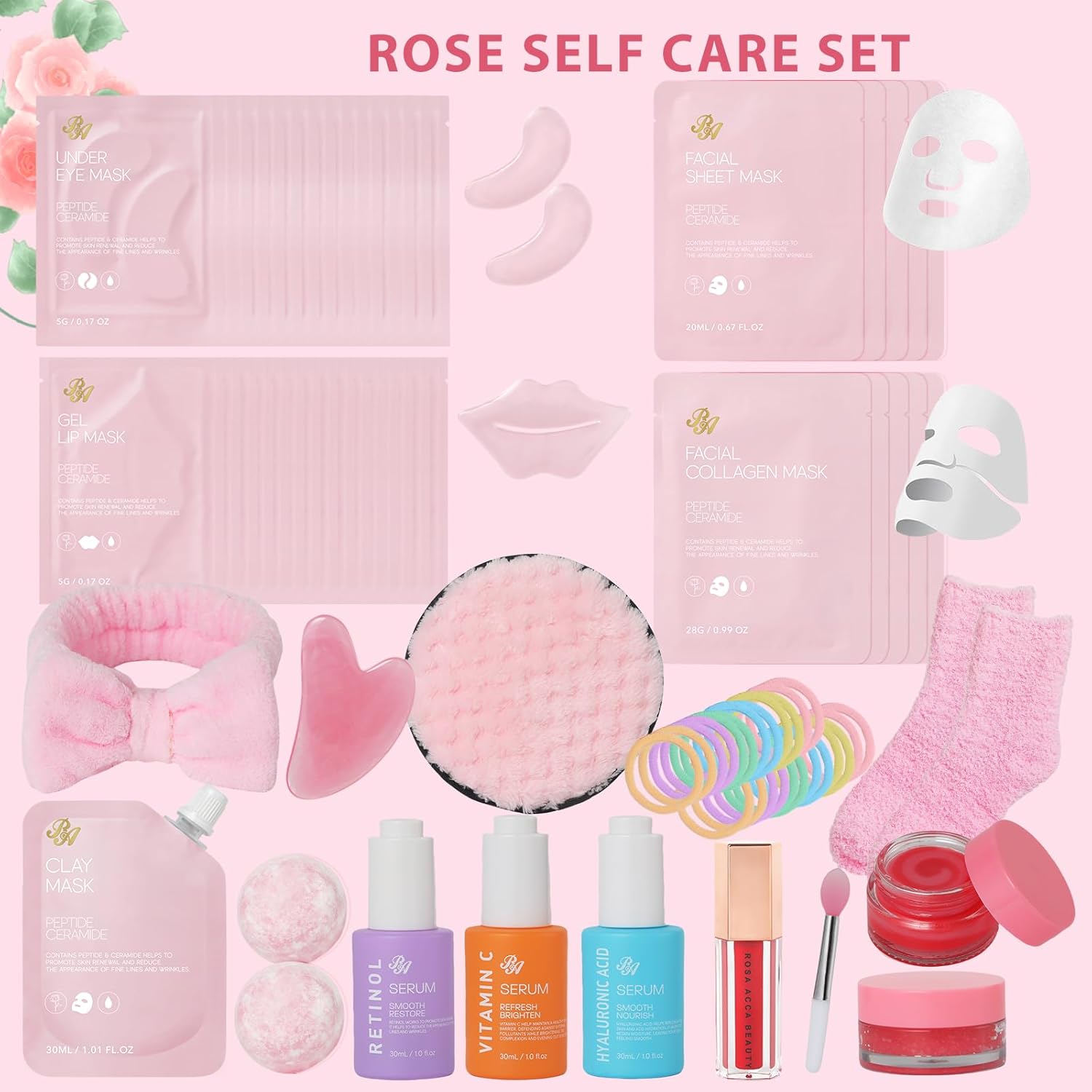 Rose Essential Oil Face Collagen Hydrogel Mask, Face Sheet Mask, 55 Pcs Skin Care Set, Spa Kit for Women, Clay Mask, Under Gel Mask, Gel Lip Mask, Christmas, Valentine's, Birthday, Baby Shower, Mom