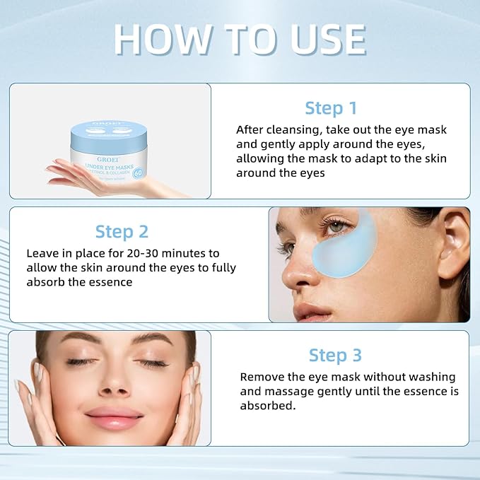 Under Eye Masks 60PCS – Retinol & Collagen Eye Patches for Dark Circles and Puffiness, Hydrating Cooling Under Eye Pads for Women & Men, Skin-Firming Gel Patches for All Skin Types (1PC)