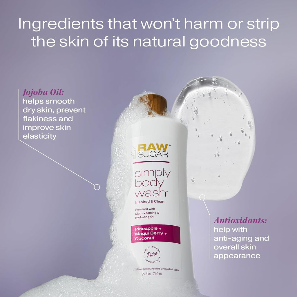 RAW SUGAR Simply Body Wash - Pineapple + Maqui Berry + Coconut, Moisturizing & Brightening Bath & Shower Gel, Sulfate-Free, Paraben-Free & Vegan (Pack of 3)