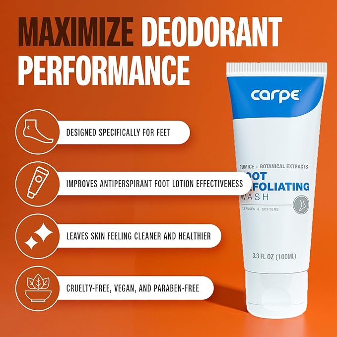 Carpe Exfoliating Foot Scrub - Odor Protection Feet Exfoliator Scrub & Foot Odor Eliminator for Feet - Improves Foot Antiperspirant Performance - Minty Fresh Foot Wash For Women & Men