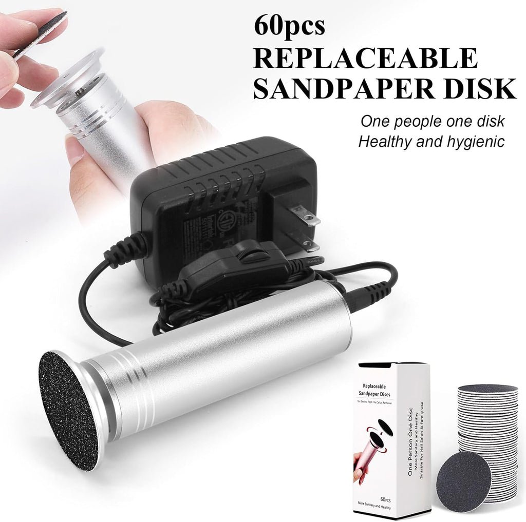 Upgraded Electric Callus Remover for Feet 1200rpm, Adjustable Speed Professional Electric Foot File Pedicure Foot Sander with 60 Replaceable Sandpaper Discs for Heel Dead Skin, Silver