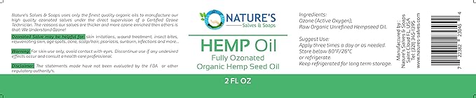 Nature's Salves Fully Ozonated 100% Organic Cold Pressed Unrefined Hemp Seed Oil - 2 Oz