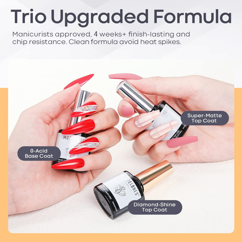 modelones Gel Top Coat Base Coat for Gel Nail Polish, 3 Pcs 10 ml No Wipe Matte & Shiny Top Coat, Long Lasting High Gloss and Matte Effects DIY at Home