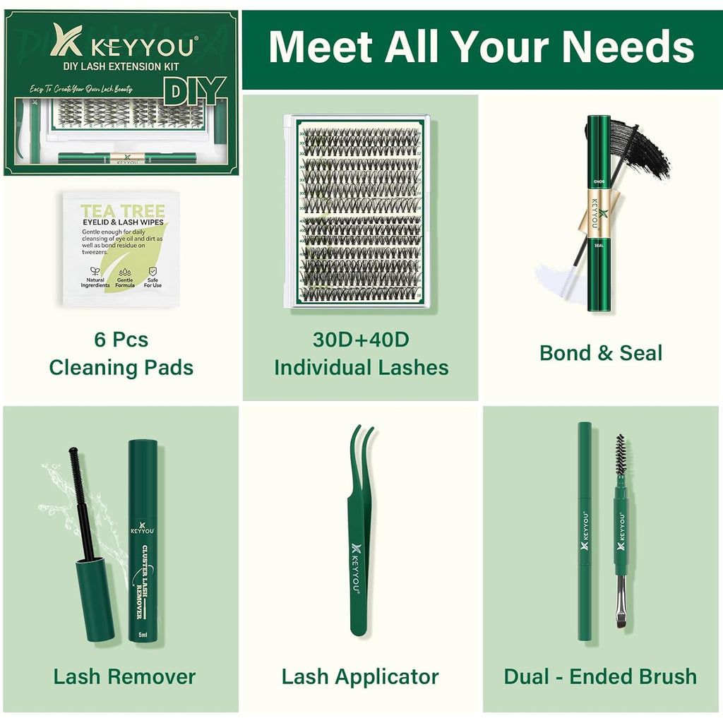 KEYYOU Lash Extension Kit DIY 280Pcs Lash Clusters Eyelash Extension Kit 30D40D,D Curl 9-18MIX Lash Clusters Kit with Lash Glue Remover Applicator Easy to Use for Beginners(Kit,30D40D-D,9-18MIX)