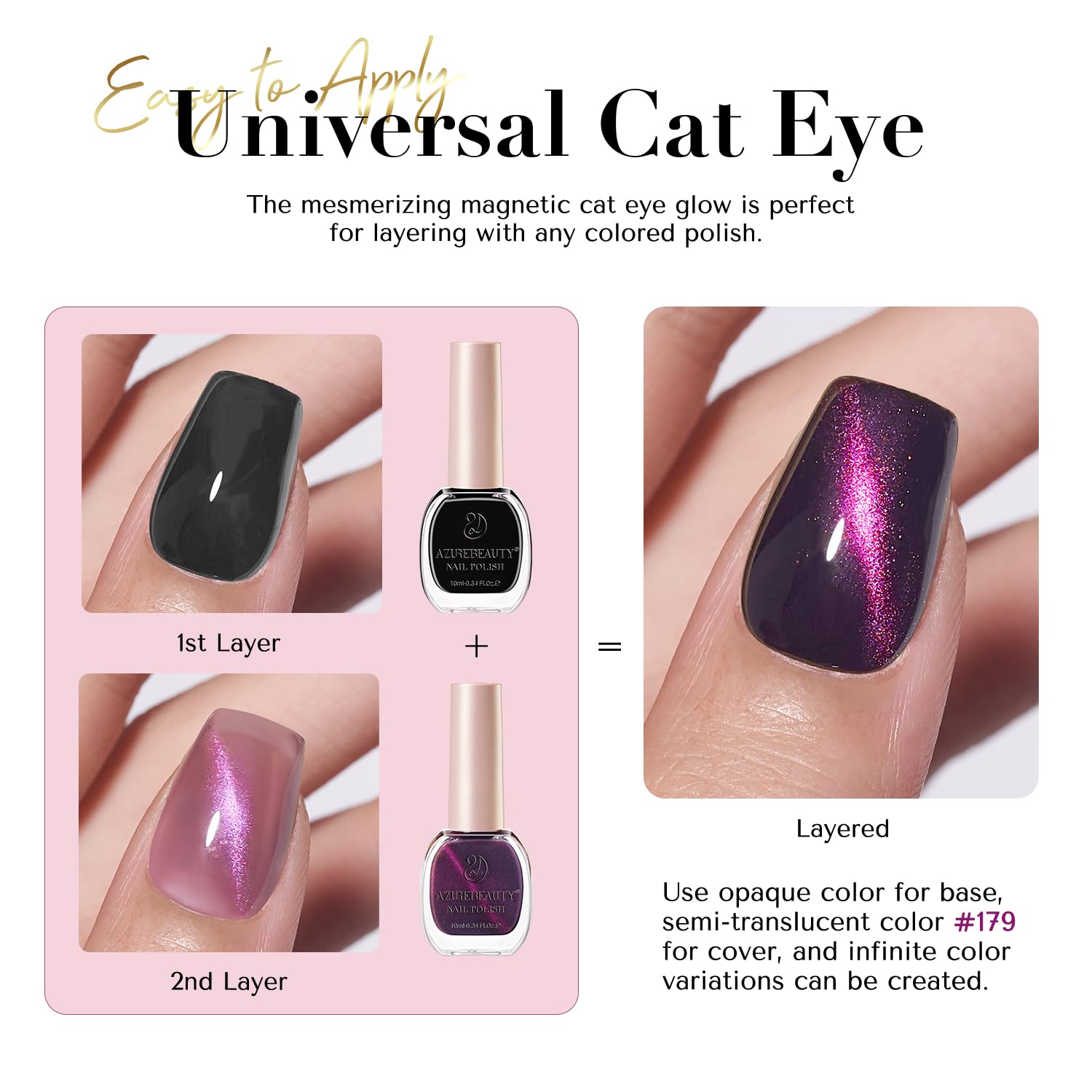 AZUREBEAUTY Cat Eye Nail Polish Set Quick Dry Mooncat Glitter Holographic Purple Black Red 4 Colors Natural Fingernail with Top Coat DIY Salon Home no Gel