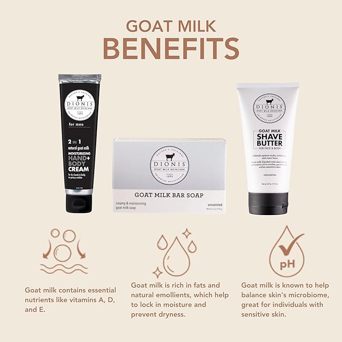 Dionis Goat Milk Men's Skincare Bundle – Cedarwood & Sea Salt Scented Bar Soap (6 oz) & Unscented 3pc Bath & Body Set with Moisturizer, Shave Butter & Soap – Hydrating, Gentle, Cruelty-Free