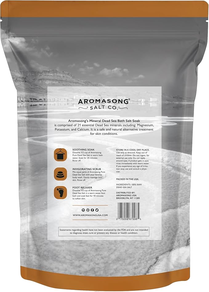 Aromasong 5 lbs Raw Dead Sea Salt - Contains All Dead sea Minerals Including Dead sea Mud - Fine Medium Grain Bath Salt Large resealable Bulk Pack (Packaging May Vary)