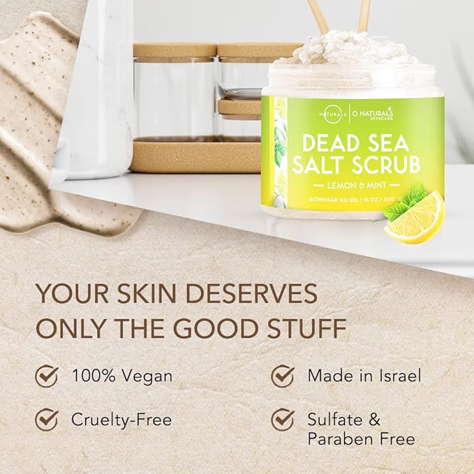 O Naturals Exfoliating Lemon Oil Dead Sea Salt Deep-Cleansing Face & Body Scrub. Anti-Cellulite Tones Helps Oily Skin, Acne, Ingrown Hairs & Dead Skin Remover. Essential Oils, Sweet Almond 18oz