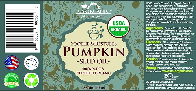 US Organic Pumpkin Seed Oil, USDA Certified Organic,100% Pure & Natural, Cold Pressed Virgin, Unrefined in Amber Glass Bottle w/Glass Eyedropper for Easy Application (Large (4 oz, 115 ml))