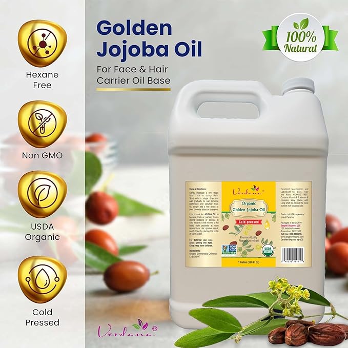 Verdana Organic USDA Certified Organic Golden Jojoba Oil, Cold Pressed, Unrefined, 1 Gallon (128 Fl Oz) Bulk size