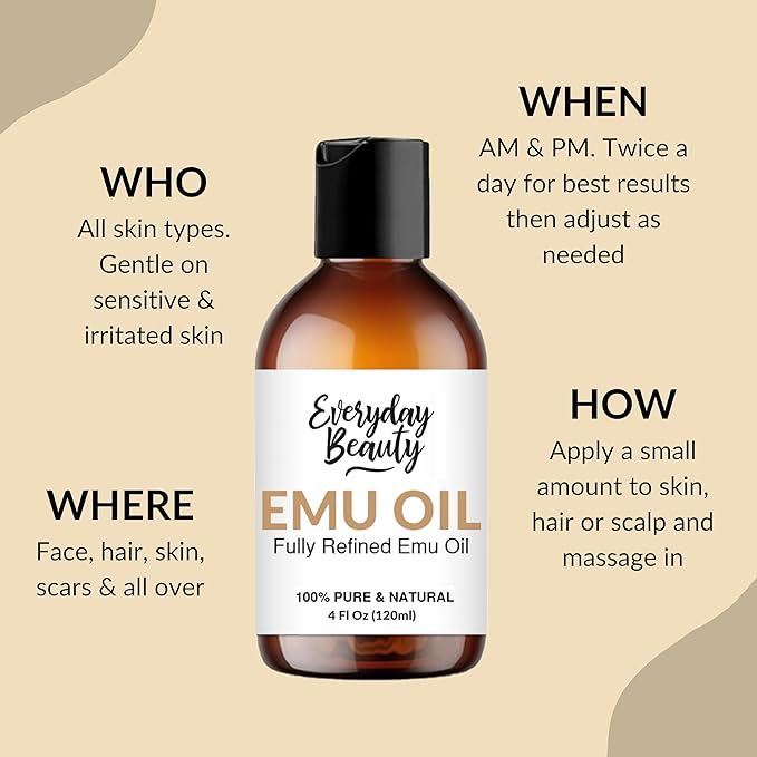Pure Australian Emu Oil - All Natural 6X Refined for Face, Skin and Hair - Highly Effective Hydration for Sensitive Skin and Hair Growth - Perfect for Scars and Blemishes - 4 oz