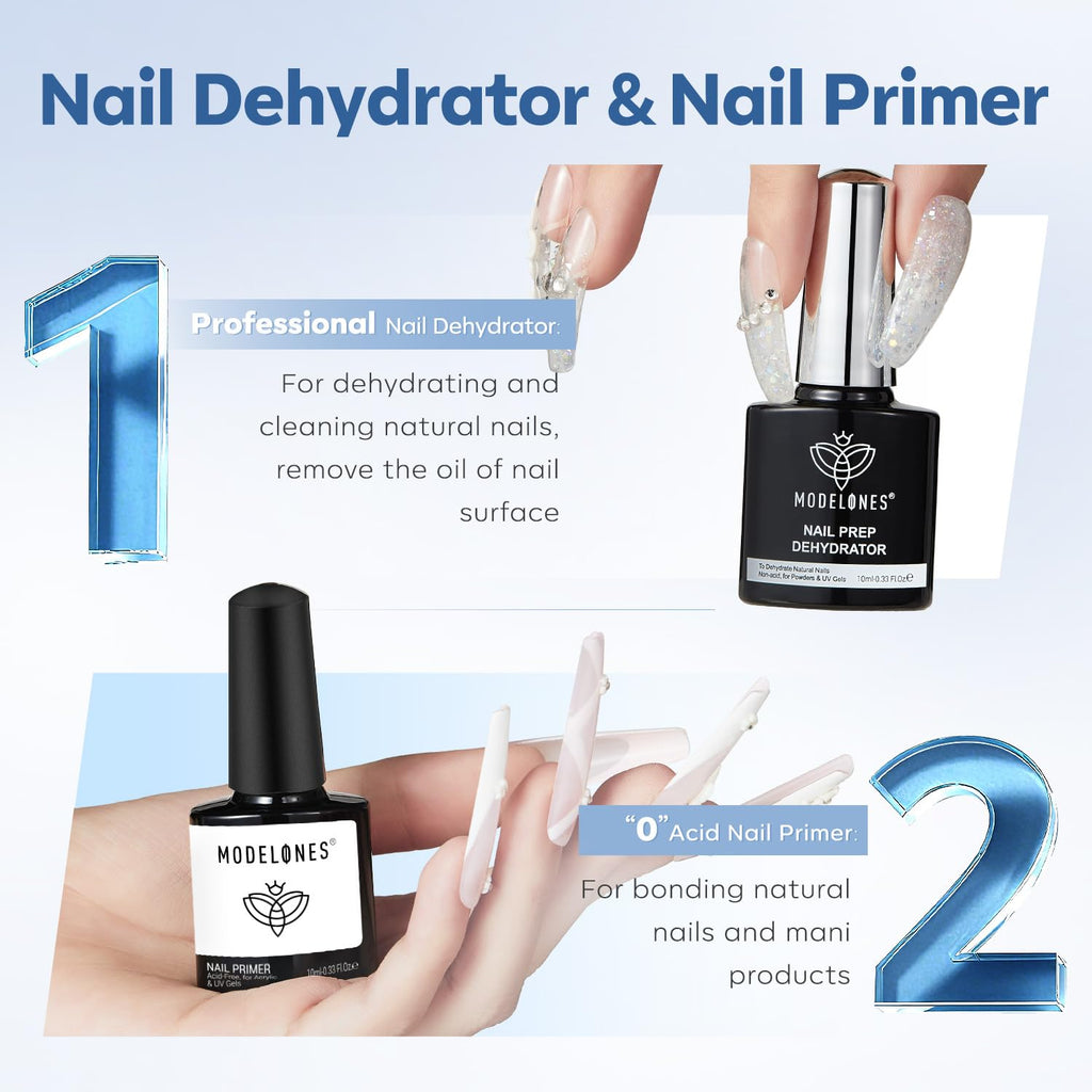 modelones Nail Thickening Solution Nail Dehydrator and Primer with Gel Base & Top Coat Set, Acid Free Acrylic Supplies Primer Glossy Gel Nail Polish Top Coat
