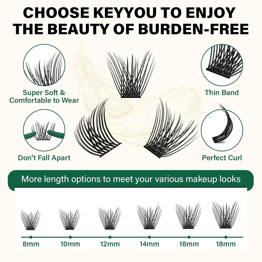 Lash Clusters 144pcs Individual Lashes D Curl 10mm Eyelash Clusters KEYYOU Air Touch Cluster Lashes Super Lightweight Soft Wispy Comfortable Easy DIY at Home(Air04-D-10mm)