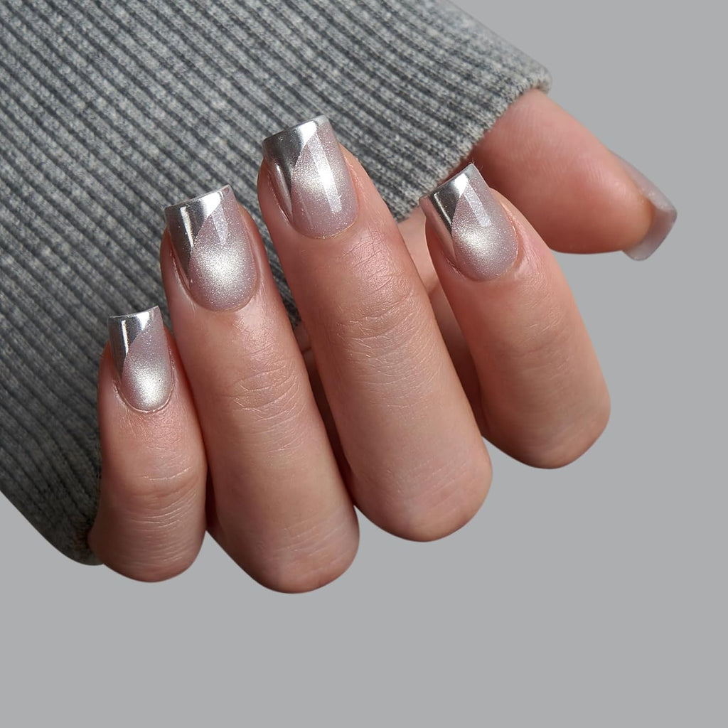 BTArtbox French Tip Press On Nails - Metallic Cat Eye Short Square Press On Nails with Glue for Women, Opaque Soft Gel Glue On Nails in 16 Sizes - 32 Stick On Nails Kit, Gleaming