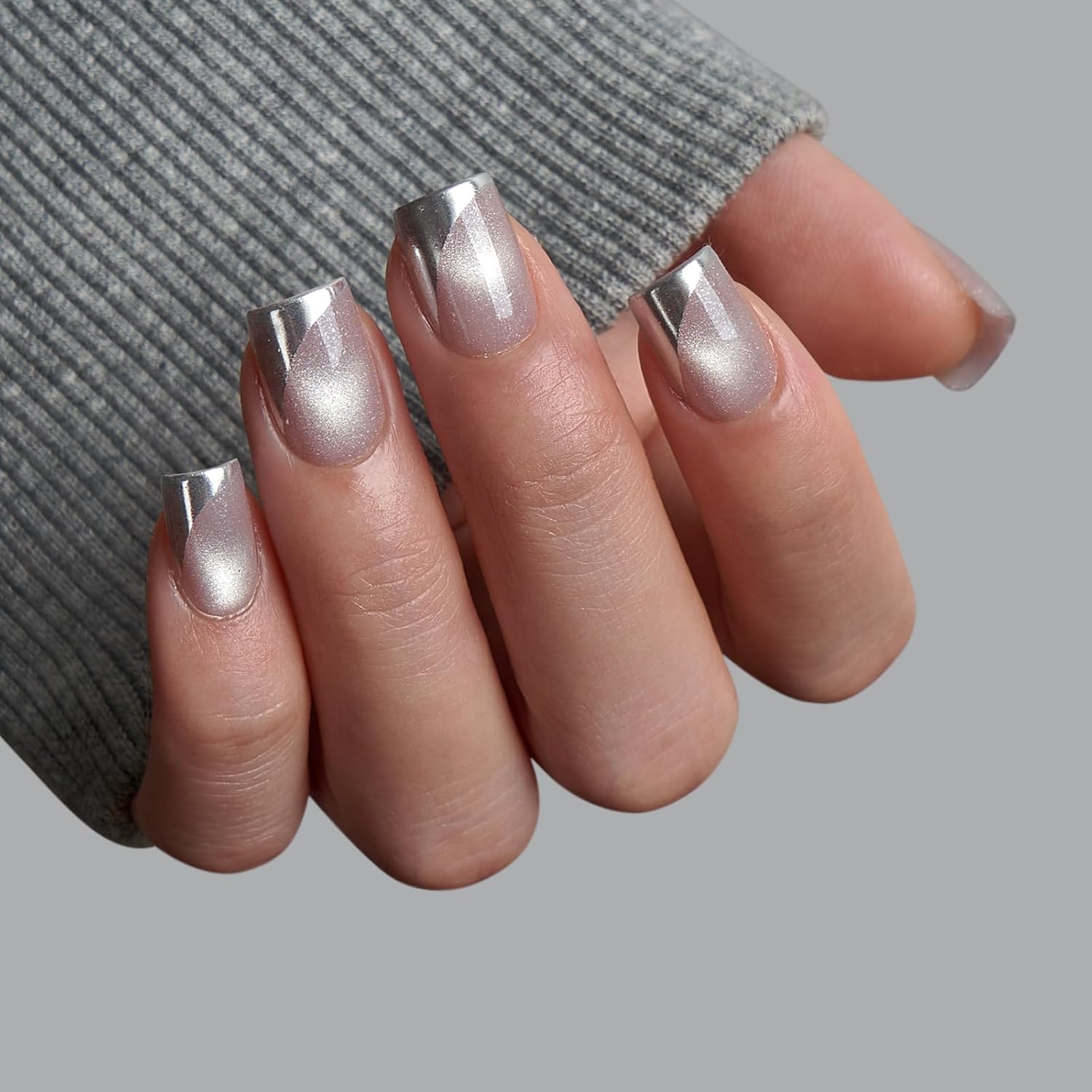 BTArtbox French Tip Press On Nails - Metallic Cat Eye Short Square Press On Nails with Glue for Women, Opaque Soft Gel Glue On Nails in 16 Sizes - 32 Stick On Nails Kit, Gleaming