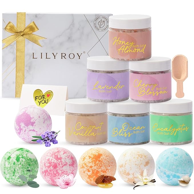 Luxury 14-Piece Floral Bath Salt & Bomb Gift Set for Mother's Day Gifts, Bath & Body Gift Set for Women, Self Care Kit with Bath Salt, Bath Bombs, Elegant Box | Christmas, Birthday Gifts for Her & Him