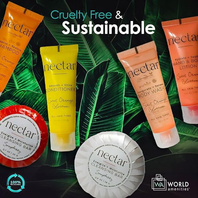 Nectar Mini Travel Size Toiletries Bathroom Kit | Sweet Orange Blossom| Shampoo, Conditioner, Body Wash, Lotion, Two Round Cleansing Bars & Body Bar