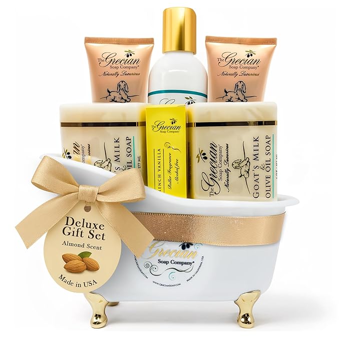 Deluxe Gift Basket for Women - 6pcs Goat Milk & Olive Oil Skin Care Set, Birthday Gifts, Spa Gift, Bridal Shower Gifts, Gifts for Mom, Almond Scent, Handmade in the USA