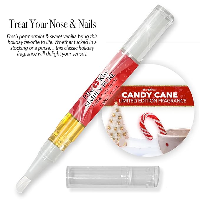 Bliss Kiss | 1 Candy Cane Fragrance | Nail Oil Cuticle Pen w/Vitamin E & Jojoba⏤Nail Strengthener Nail Growth Serum for Brittle Peeling Breaking Thin Nails