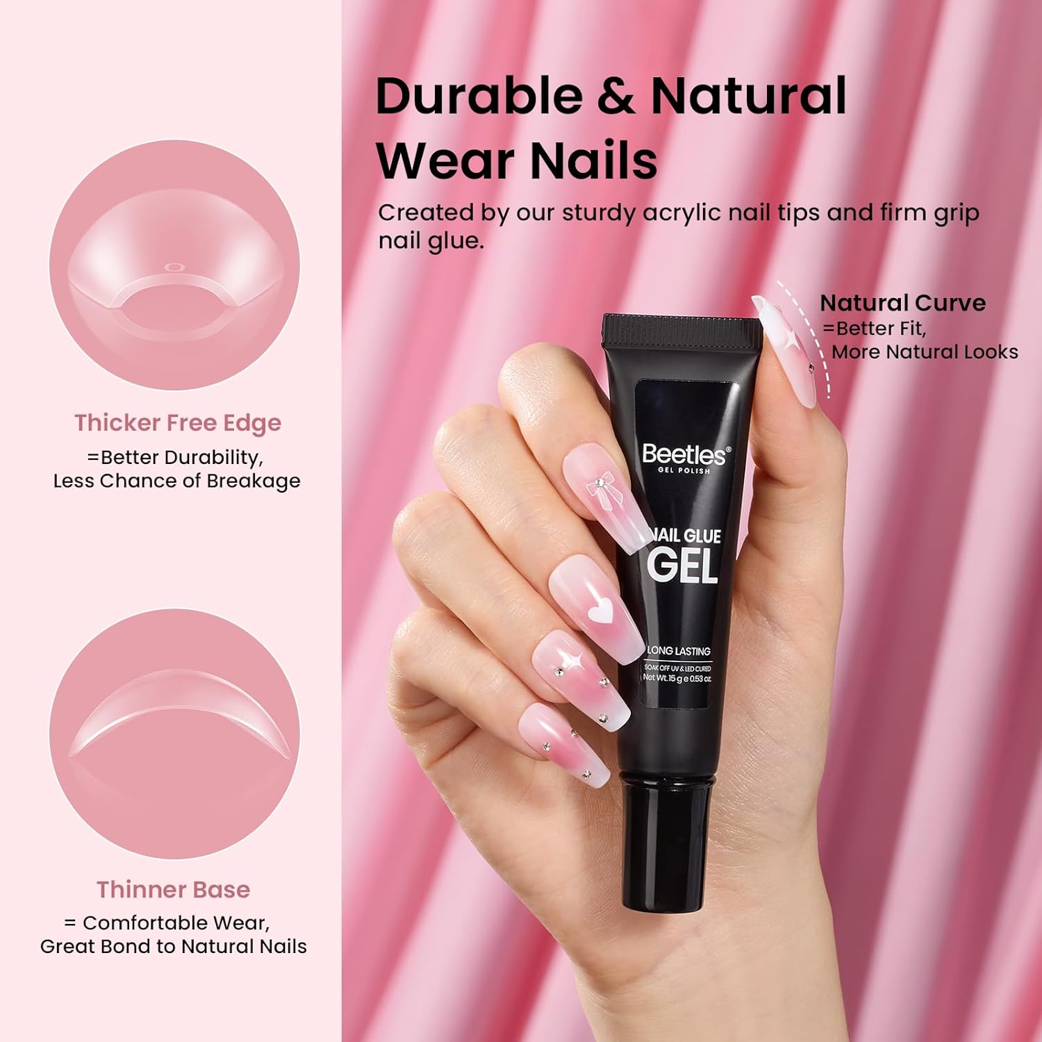 Beetles Gel Nail Kit Medium Coffin with Nail Dehydrator and Primer, 576Pcs Half Matte Etch-X Gel Nail Tips Solid Nail Glue Mini Nail Lamp Acrylic Nail Tips Easy DIY Nail Extension Set Gift for Women