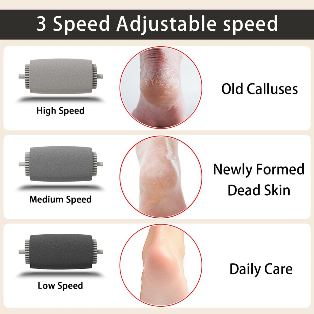 Electric Foot Callus Remover - Rechargeable Pedicure File, Waterproof Foot Scrubber File with 3 Grinding Heads, 3 Speeds - Portable Professional Feet Scraper Pedicure Kit for Cracked Dead Skin