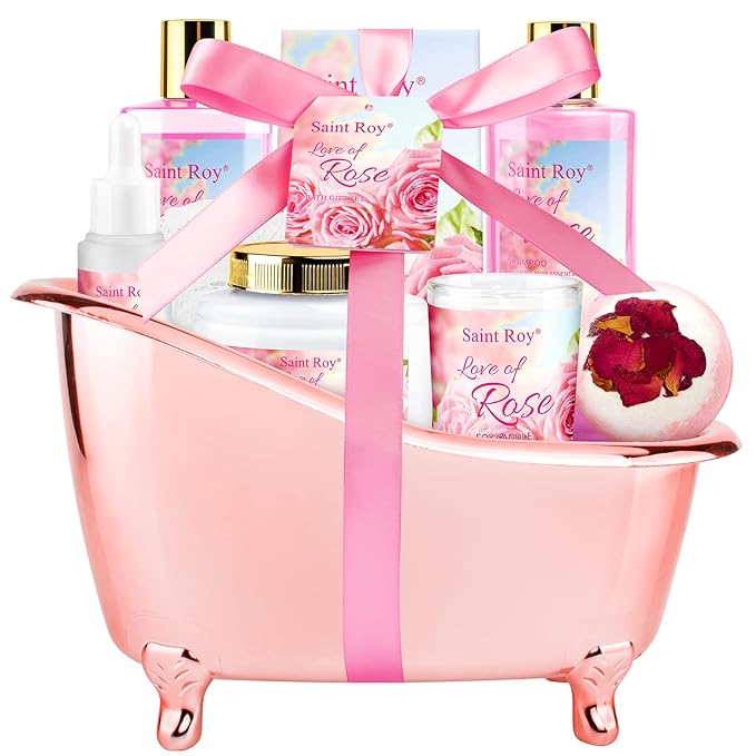 Mother's Day Gifts for Mom bath Gifts for Her Rose scents Mother Gift Bath Set for Women, Luxury Home Spa Kit Rose Bath Gift Basket, Includes Scents Lotion, Bath Bomb, Spa salts, Christmas Gift