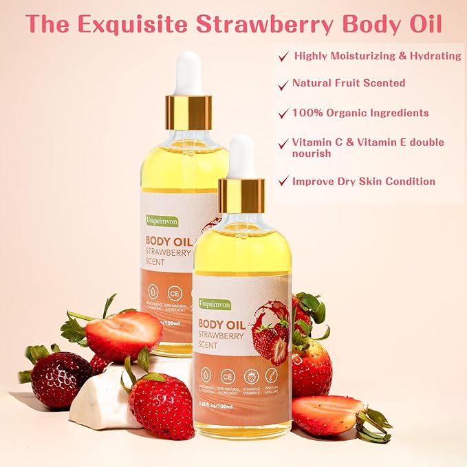 2 Pack 3.38 fl.oz Strawberry Body Oil after Shower, Vitamin C & E Gua Sha Body Oils Scented Body Oils for Women, Dry Body Oil Juice for Skin
