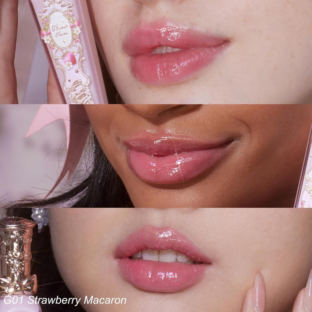 Flower Knows Violet Strawberry Rococo Glowy Lip Gloss 3-Piece Set,G01+G02+G03 with Canvas Tote Bag & Hair Clip,Moisturizing Lip Oil,Hydrating Lip Plumper Makeup for Girls & Women