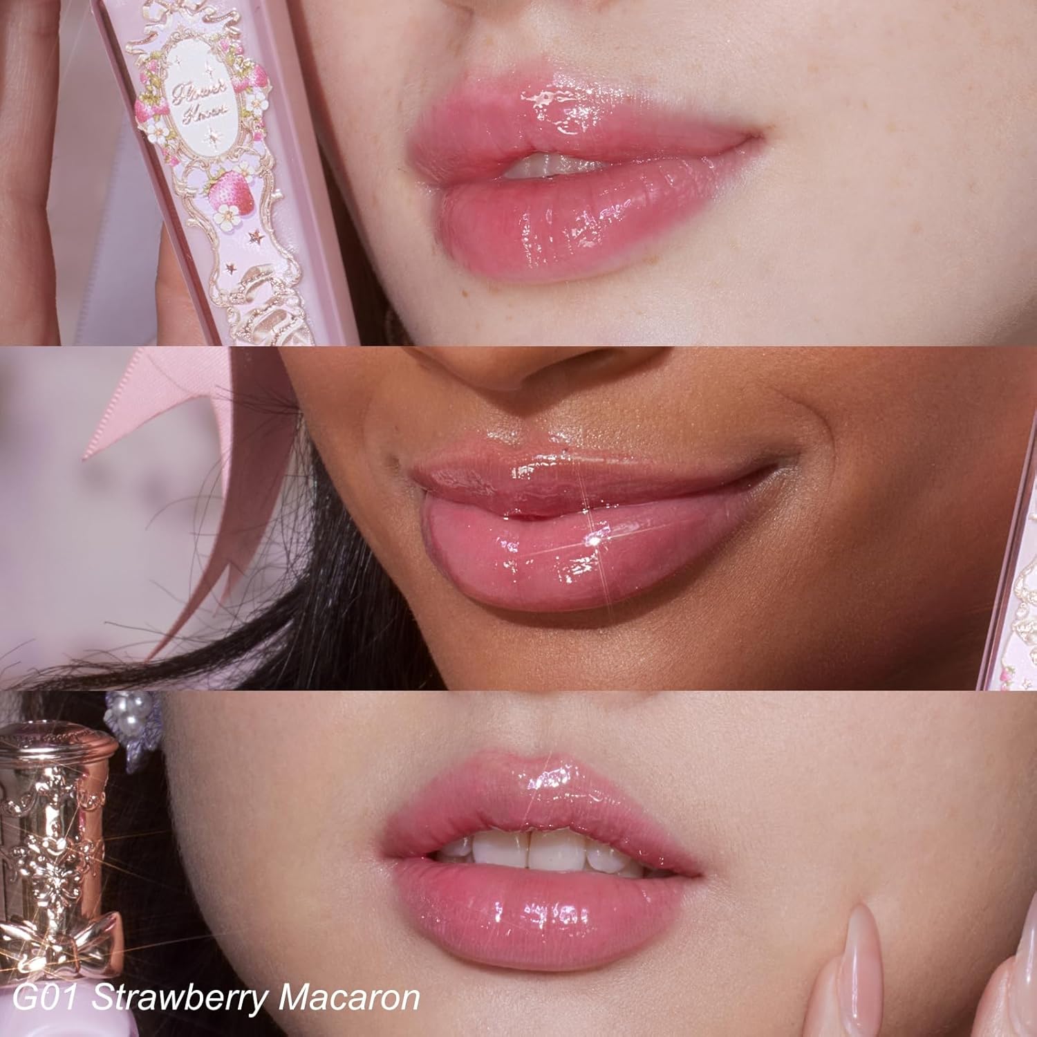 Flower Knows Violet Strawberry Rococo Glowy Lip Gloss 3-Piece Set,G01+G02+G03 with Canvas Tote Bag & Hair Clip,Moisturizing Lip Oil,Hydrating Lip Plumper Makeup for Girls & Women