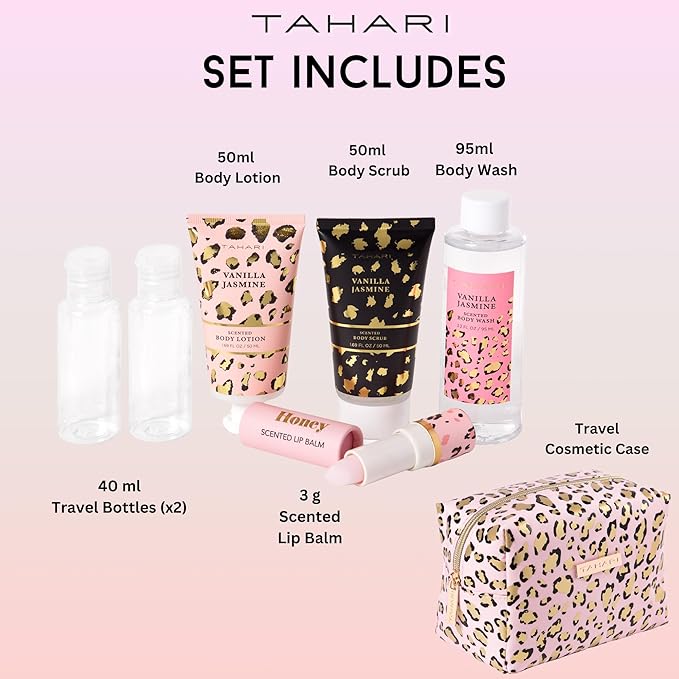 Tahari Vanilla Jasmine Spa Gift Set for Women – Luxurious Bath Kit with Body Lotion, Body Scrub, Body Wash & Lip Balm with Bag – Perfect Selfcare Gifts for Women (Leopard)