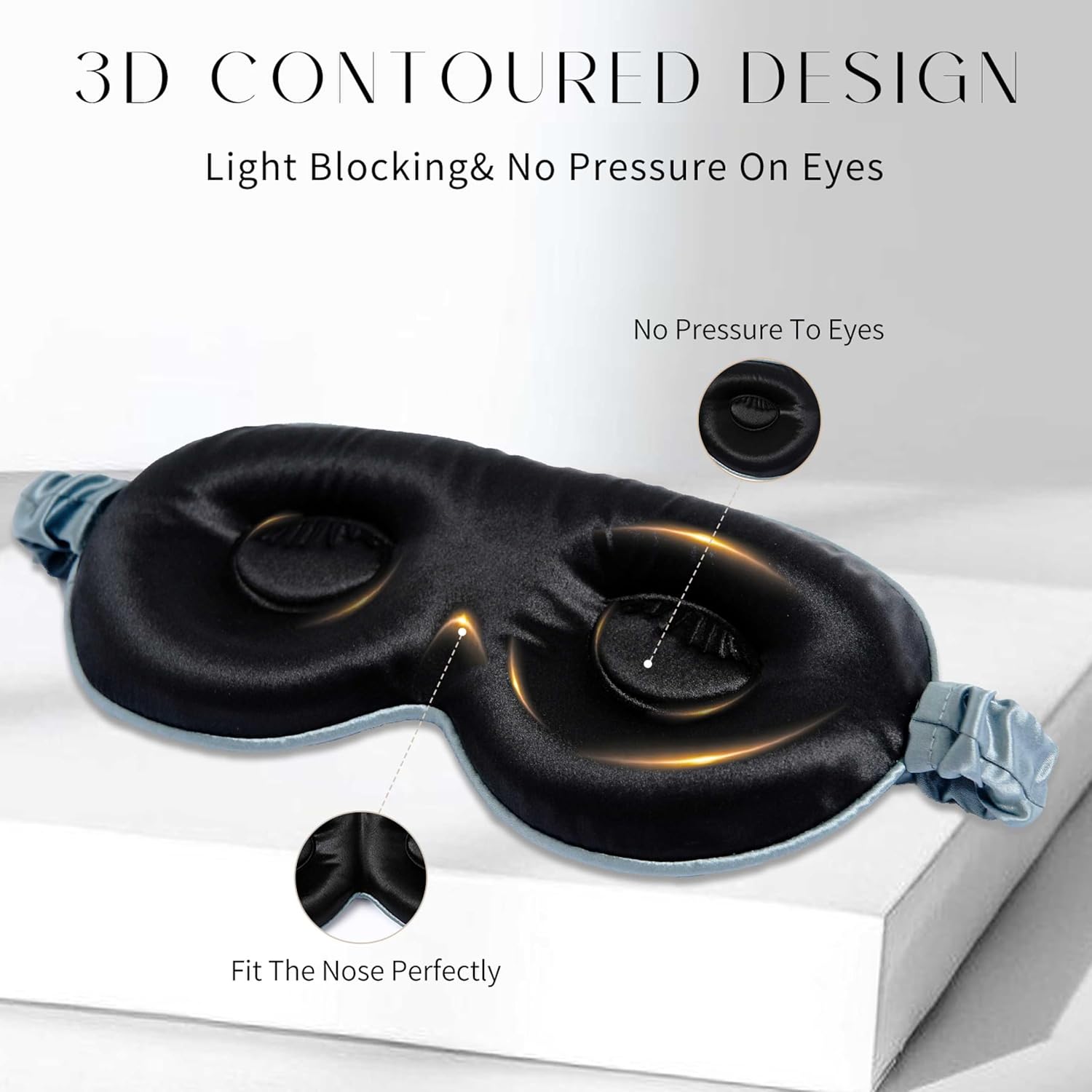 100% 22 Momme Mulberry Silk Sleep Mask, Eye Cover for Sleeping, Blackout 3D Sleep Masks for Lash Extensions with Adjustable Strap for Men and Women (Haze Blue)