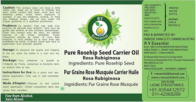 R V Essential Pure Rosehip Seed Carrier Oil 300ml (10oz)- Rosa Rubiginosa (100% Pure and Natural Cold Pressed)