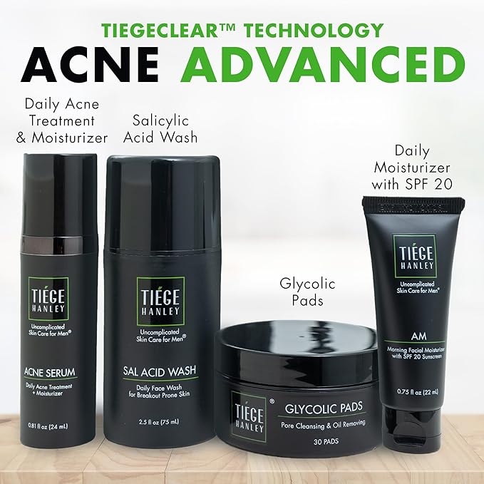Tiege Hanley Men's Acne Treatment System (Level 2) - TiegeClear Advanced Routine for Smooth Skin - Includes Sal Acid Wash, Glycolic Acid Pads, and Serum - All Skin Types