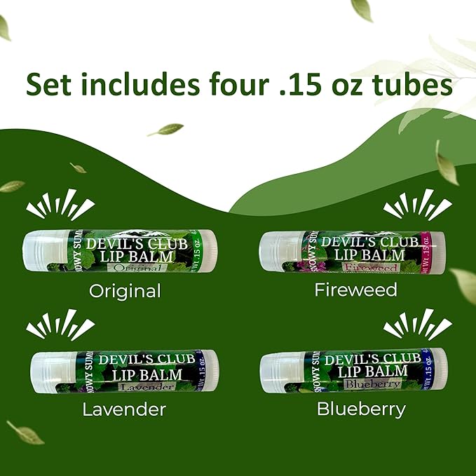 Devil's Club Lip Balm Set - Contains Fireweed, Lavender, Blueberry - Natural Moisturizing Chapstick with Vitamin E - Handcrafted in Alaska - 4 x .15 oz Tubes for Soft, Smooth Lips