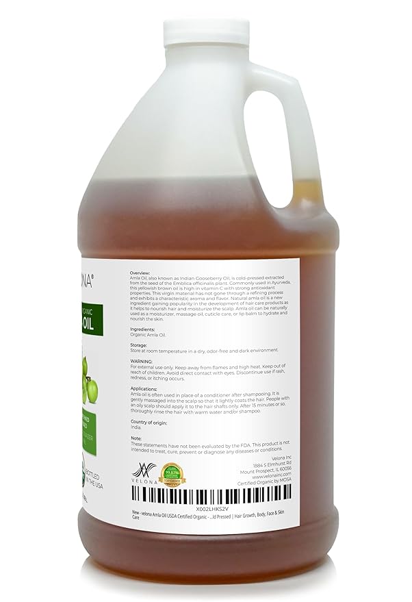 velona Amla Oil USDA Certified Organic - 1 Gallon / 128 Fl Oz | 100% Pure and Natural Carrier Oil | Extra Virgin, Unrefined, Cold Pressed