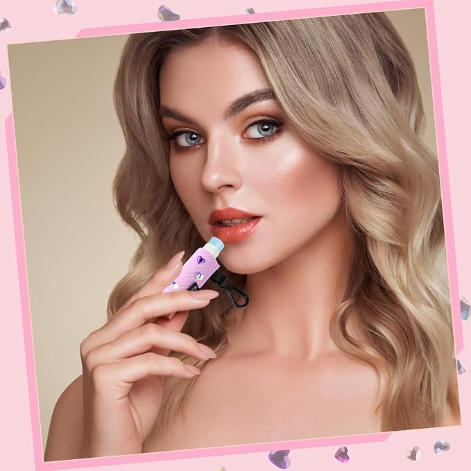 Chapstick Holder Key Chain, 4 Pcs DIY Colorful Heart-Shaped Diamond Lip Balm Holder for Chapstick Lip Gloss, Elastic Chapstick Keychain Holder for Keys Purse Gift for Women Girls