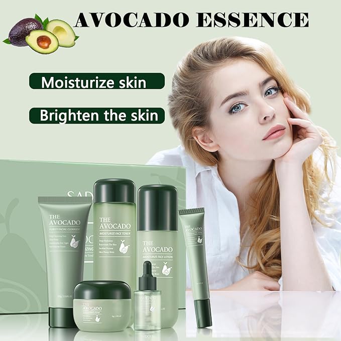 Avocado Skin Care Set for Women,6PCS Skincare Kits with Facial Cleanser, Toner, Serum, Lotion,Cream, Eye Cream, Moisturizing Korean Skincare Set,Anti-Aging Skin Care Set,Face Care Gift Set for Women