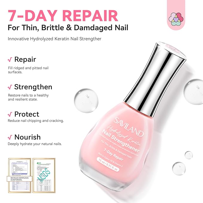 SAVILAND Advanced Nail Strengthener: Pink Air Dry Natural Concealer Foundation Polish Nail Growth for Damaged Nails Repair Weak & Thin Nails with Castor Oil & Vitamin E 15ml Women Gift