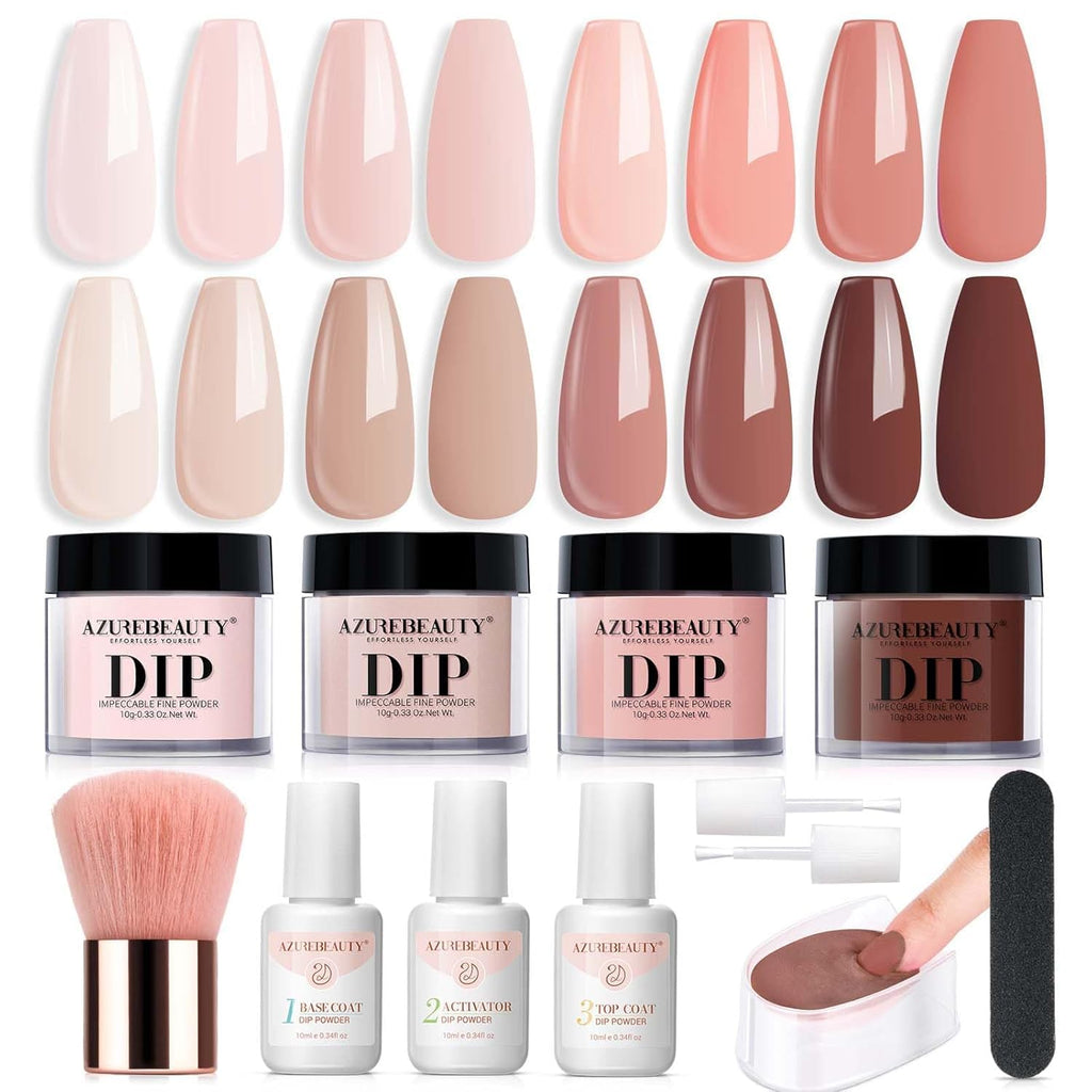 AZUREBEAUTY Dip Powder Nail Kit Starter, All Season Skin Tone Nude Brown 4 Colors Acrylic Dip Powder Liquid Set with Base/Top Coat Activator for French Nail Art Manicure DIY Salon Gifts
