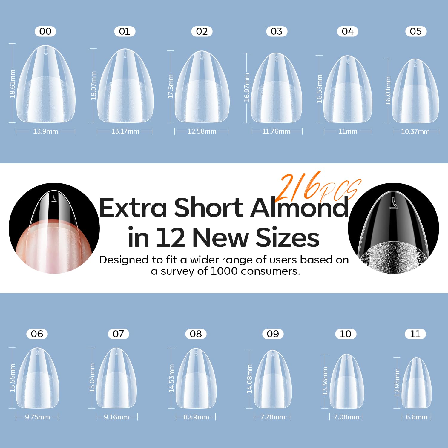 modelones Extra Short Almond Gel Nail Tips Kit, 9-in-One Nail Glue with Portable U V Lamp 216Pcs 12Sizes Pre-Etched Press ons Fake Acrylic Extension Kit DIY Salon Gift for Women