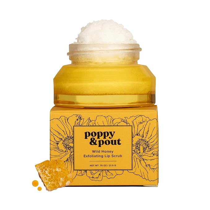 Poppy & Pout Natural Lip Scrub, Moisturizing Sugar Scrub for Dry Lips, Lip Scrubber Exfoliator with Essential Oils Smooths and Hydrates Lips, In Recyclable Glass Jars, Cruelty Free - Wild Honey
