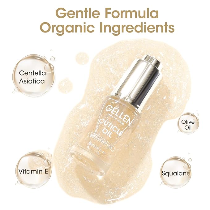 Gellen Nail Cuticle Oil for Growth and Strength, 15ml Vitamin E Nail Nourishing Oil for Hydrating, Moisturizing, Strengthening, Cuticle and Skin Care Product for Men Women, Jasmine Scent, Gold Shimmer